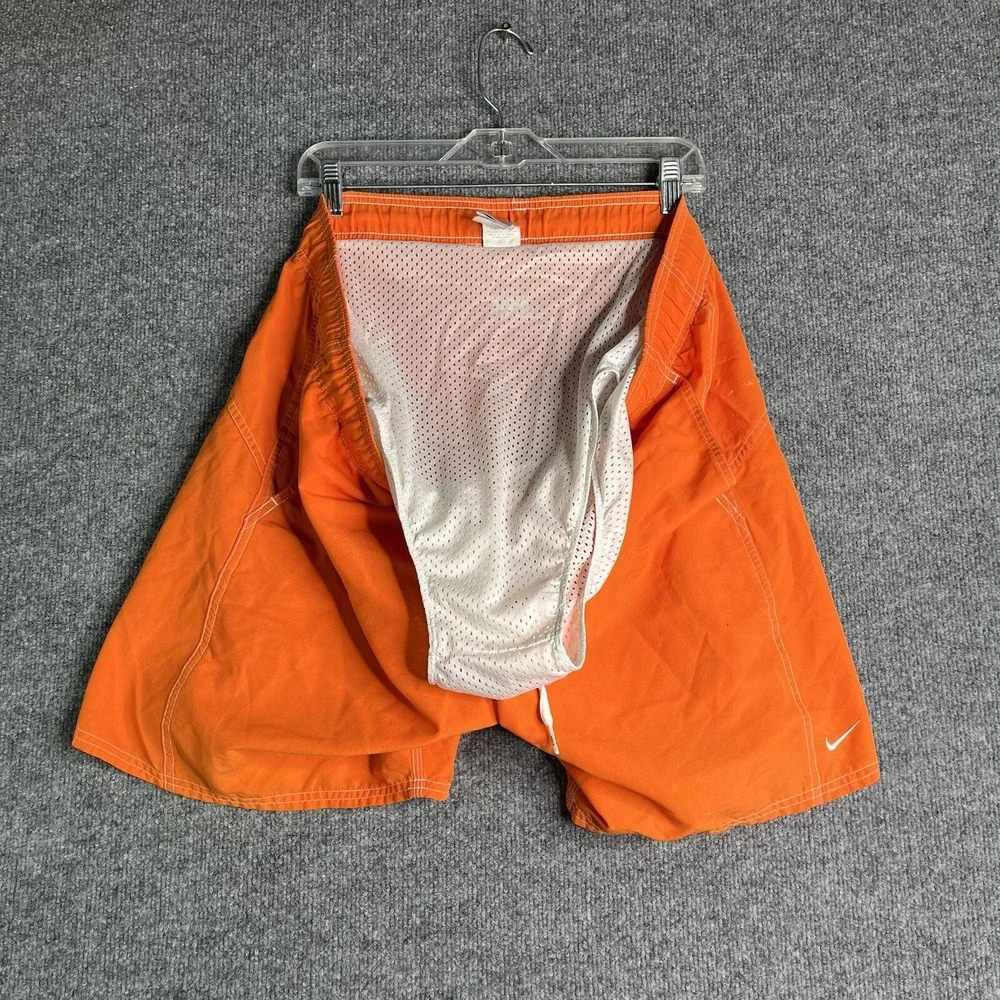 Vintage Y2K Nike Shorts Swim‎ Trunks Men L Orange Drawstring Mesh Lined Spellout